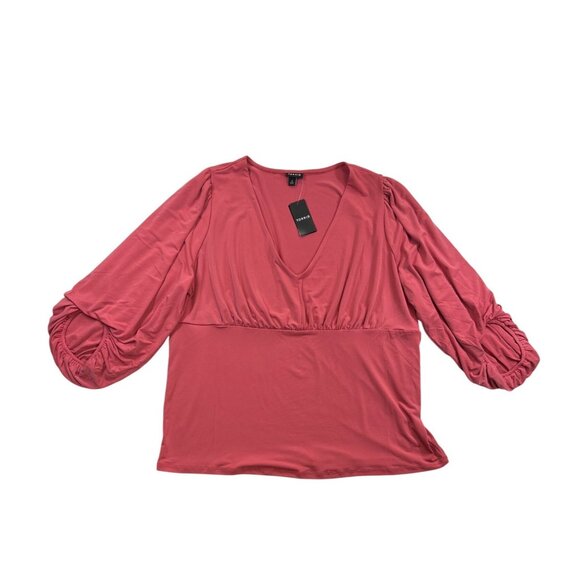 Torrid Blouse Womens 2X Plus Holly Berry Shirred 3/4 Sleeve Studio Knit‎ V-Neck - Picture 1 of 7